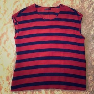 Navy/red striped silk sleeveless blouse.